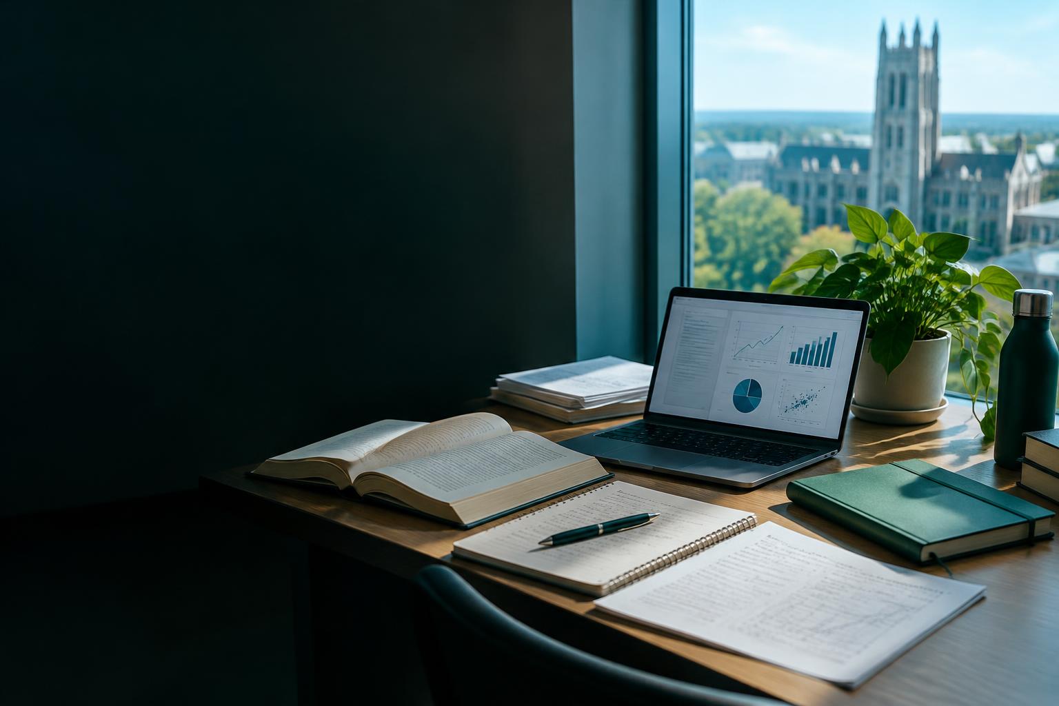 Research notes and academic charts beside a university window